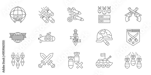 Comprehensive collection of modern outline vector icons illustrating global military conflicts, defense strategy, weapon systems, and geopolitical security challenges, suitable for digital projects