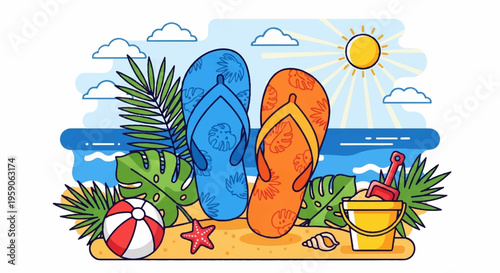 Beach vacation icons, summer flip flops, sandals and beach ball, tropical getaway, colorful illustration