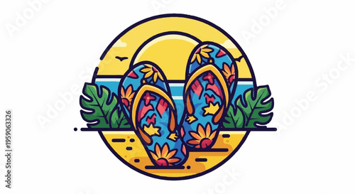 Colorful flip flops, beach vacation icon, tropical sandals, summer logo design