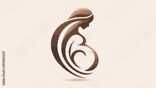 Elegant Abstract Pregnant Woman Silhouette with Heart Shape, Minimalist Brown Tone Maternity and Pregnancy Logo Symbol