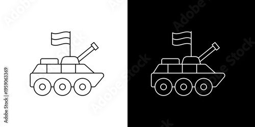 Simple Line Art Icon of an Armored Military Vehicle with a Flag on Top, Presented in Both Black and White Backgrounds