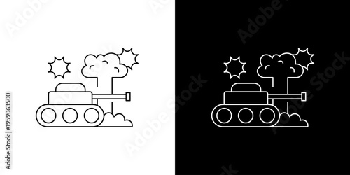 Military tank in explosion and smoke, representing conflict and warfare. Minimalist line art icon