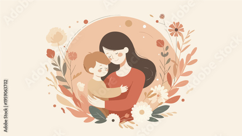 Loving Mother Holding Son in Warm Floral Circle Frame, Cozy Autumn Tone Motherhood and Family Love Flat Illustration
