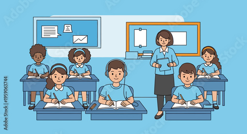 Students Focused Learning in Classroom While Teacher Supervises and Educates Them