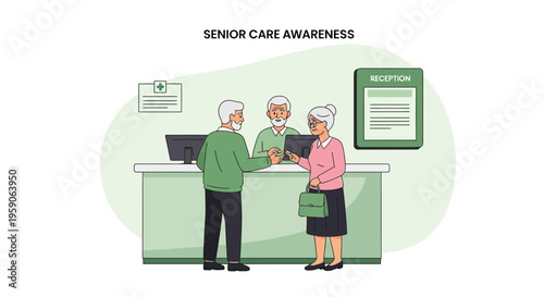 Supporting Elderly Care: Illustration of Seniors Interacting At A Healthcare Facility Reception