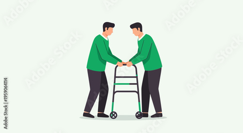 Supporting Mobility: Two Individuals Assist Using a Walker for Movement