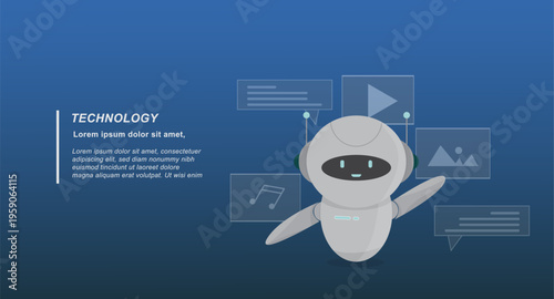 Technology concept with cute AI robot and multimedia icons. Represents chatbot assistant, digital communication, automation, content interaction, and modern artificial intelligence solutions.