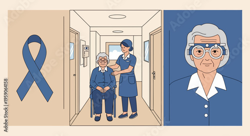Supporting Senior Care and Vision Health: An Illustrated Depiction of Compassionate Elderly