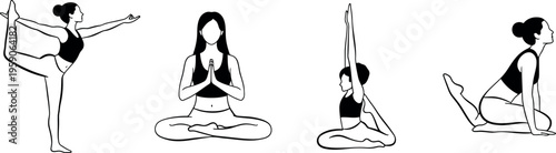 Illustrated guide to various yoga poses for flexibility and balance