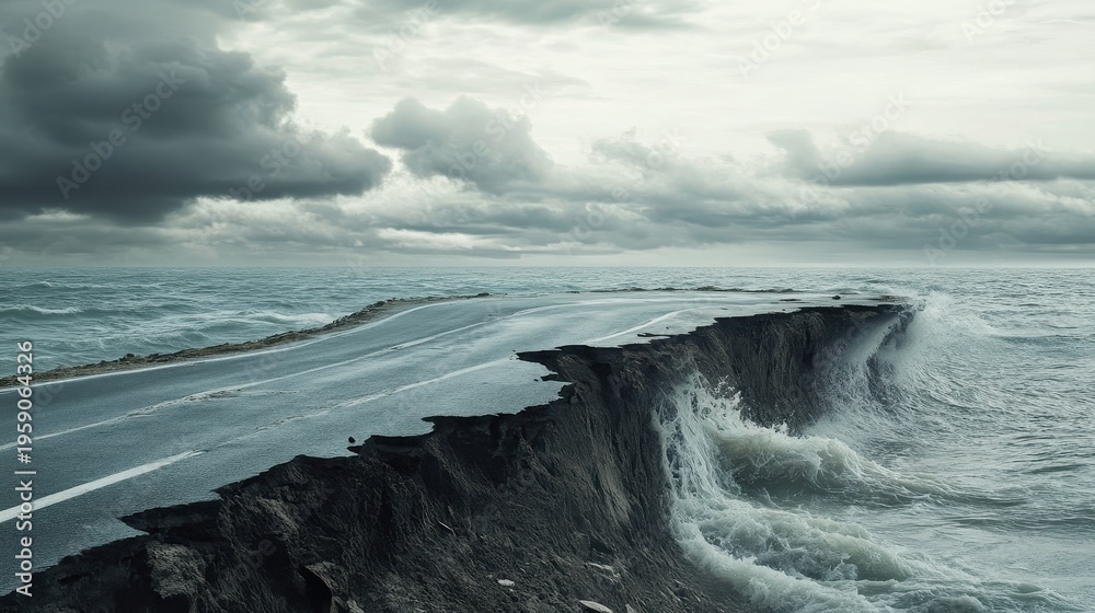 Obraz premium A coastal road succumbs to rising sea levels and intense erosion, showcasing critical infrastructure damage and environmental threat.