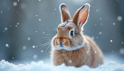 Small brown rabbit sits in deep snow. Winter forest scene. Snowflakes fall gently. Wild animal with orange fur in cold nature. Cute bunny looks forward. Peaceful winter day.