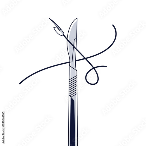 Surgical Precision: A Detailed Illustration of a Scalpel and Suturing Thread Depiction