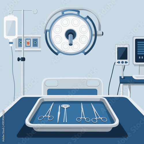 Surgical Suite Illustration Showing Medical Instruments and Equipment in a Sterile Operating Room