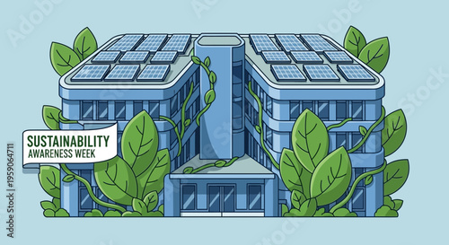 Sustainable Building Design Featuring Solar Panels And Lush Greenery For Environmental Awareness