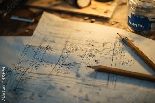 A macro shot of a hand-drawn technical blueprint with coffee rings, pencil shavings, and handwritten notes. The lighting should feel like a dim studio, highlighting the tactility of the paper
