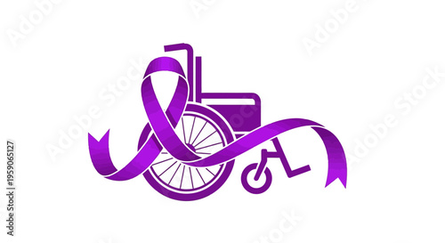 Symbolic Representation Of Disability, Purple Ribbon, Wheelchair, Concept Illustration Design