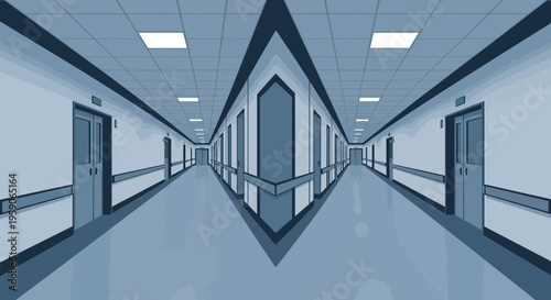 Symmetrical Hospital Corridor In Blue Tones With Overhead Lights And Doors Lining Both Sides