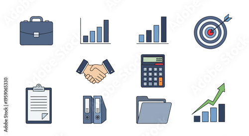 Modern flat design icons for business, finance, and office management, depicting strategic planning, growth, goal achievement, data analysis, and teamwork
