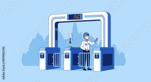 Temperature Check Point With Security Personnel At Entrance Gate In Cartoon Style
