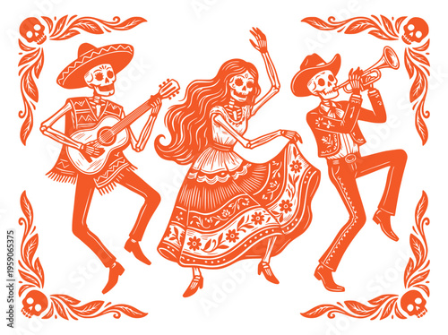 Dia de los Muertos Skeleton Musicians and Dancer Vector Illustration