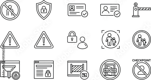 Security Access Control Line Icon Set with Blocked Area Warning ID Verification Checkpoint Privacy Protection Symbols