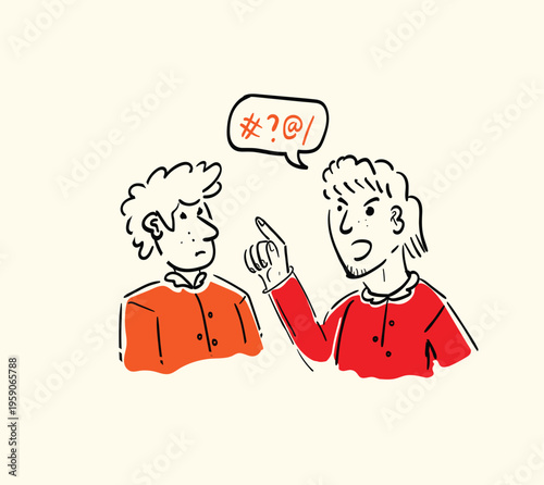 Two men discussing and pointing with angry expression.