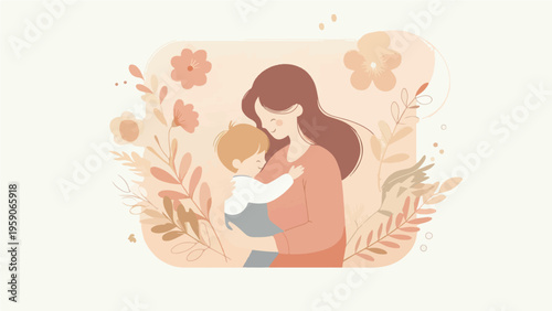 Warm Mother Hugging Toddler in Soft Floral Botanical Frame, Gentle Earth Tone Motherhood Love and Parenting Illustration