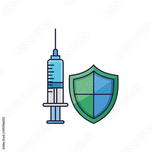 Vaccination and Protection: Illustrative Depiction of Medical Injection and Shield, Isolated
