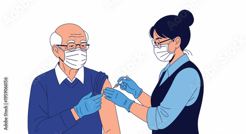 Vaccination Procedure Depicted with Medical Staff Administering Injection to Elderly Patient