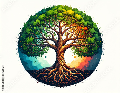 A vibrant circular illustration of a majestic tree featuring swirling roots and multicolored leaves