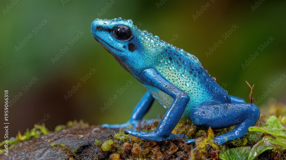 Obraz premium Vibrant Blue Poison Dart Frog Perched on Mossy Ground in Lush Forest Setting