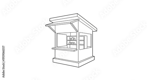 Minimalist black and white line drawing of a small kiosk with open counter and shelves