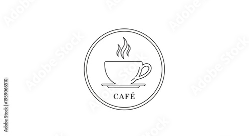 Minimalist cafe logo with steaming coffee cup and circle emblem