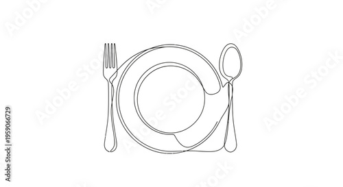Minimalist continuous line drawing of a plate with fork and spoon, representing dining and food.