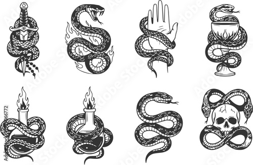 Set of black and white snake tattoo designs