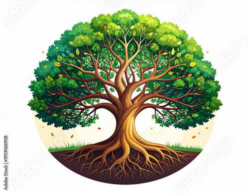 A majestic sprawling oak tree with lush green foliage and visible intricate roots in a round frame