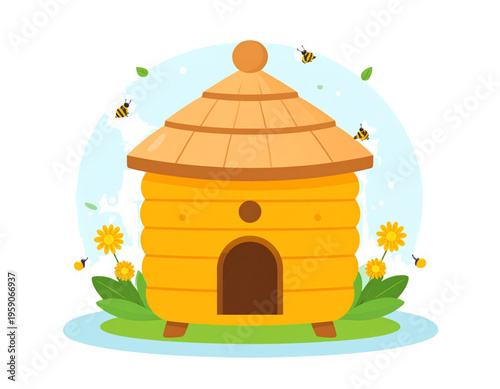 A vibrant yellow beehive structure surrounded by buzzing honeybees and small bright yellow flowers
