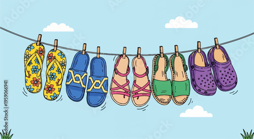 Colorful shoes, sandals, and flip flops hanging on a line, summer footwear collection, vector illustration