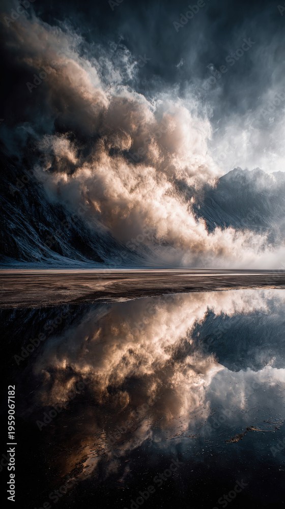 Fototapeta premium Storm clouds mirror over still water near rugged mountains