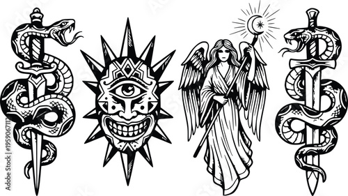 Set of esoteric tattoo designs with swords, snakes, sun and angel