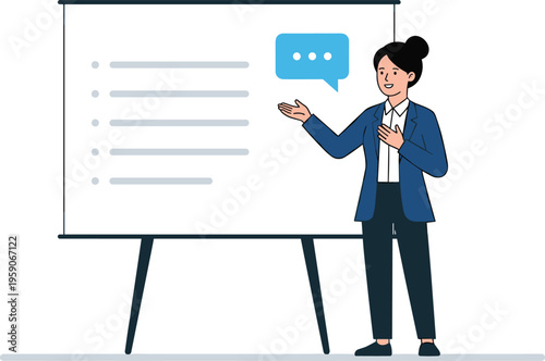 Professional businesswoman or coach presenting key information and ideas on a whiteboard, engaging her audience with clear communication and a persuasive speech