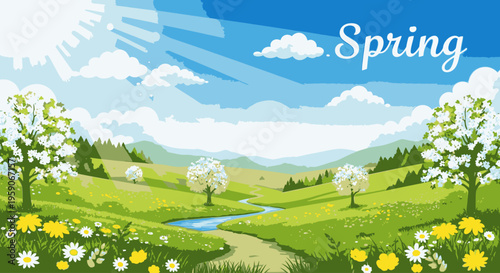 Illustration of a serene spring landscape with a winding stream, blooming flowers, and trees against a blue sky with fluffy clouds.