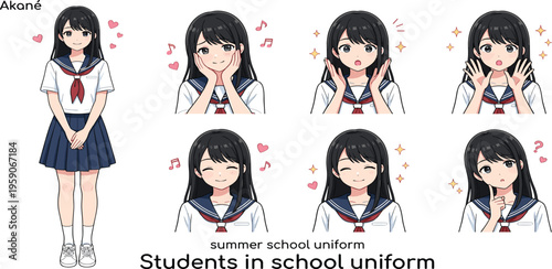 Collection of vibrant illustrations featuring a charming anime-style schoolgirl in her summer uniform, expressing a range of joyful and surprised emotions