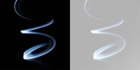 Swirling white neon light trail with glowing magic spark for futuristic energy effect or mystical smoke motion and cinematic design element png
