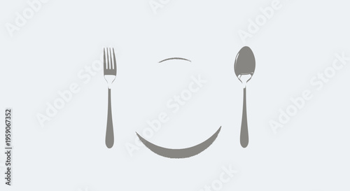 Minimalist Icon of a Smiling Face Made from Plate, Fork, and Spoon