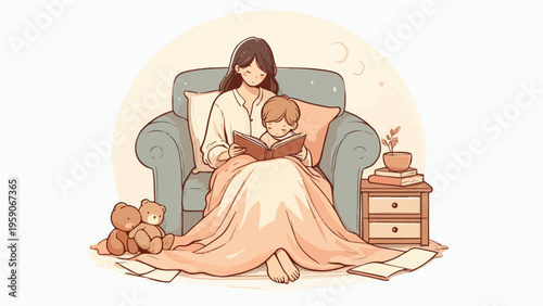 Tender Mother Reading Bedtime Story to Sleeping Child in Cozy Armchair, Warm Cartoon Parenting and Childhood Illustration