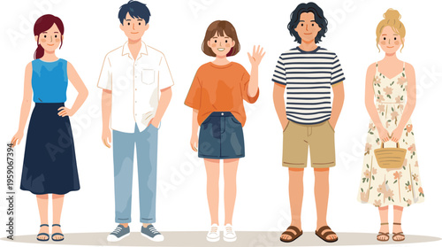 A diverse group of young adults standing together in casual summer attire, showcasing individuality and friendship