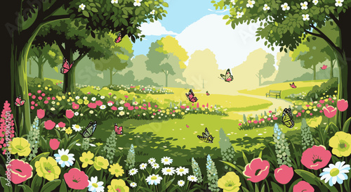 Vibrant illustration of a serene park scene with colorful flowers, lush greenery, and butterflies on a sunny day with a clear blue sky.