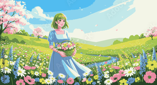 A young woman in a blue dress holding a basket of flowers in a colorful field with rolling hills and a blue sky.