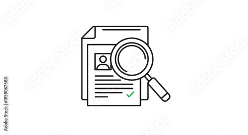 Magnifying glass over resume with checkmark, job search, recruitment, hiring, verification icon